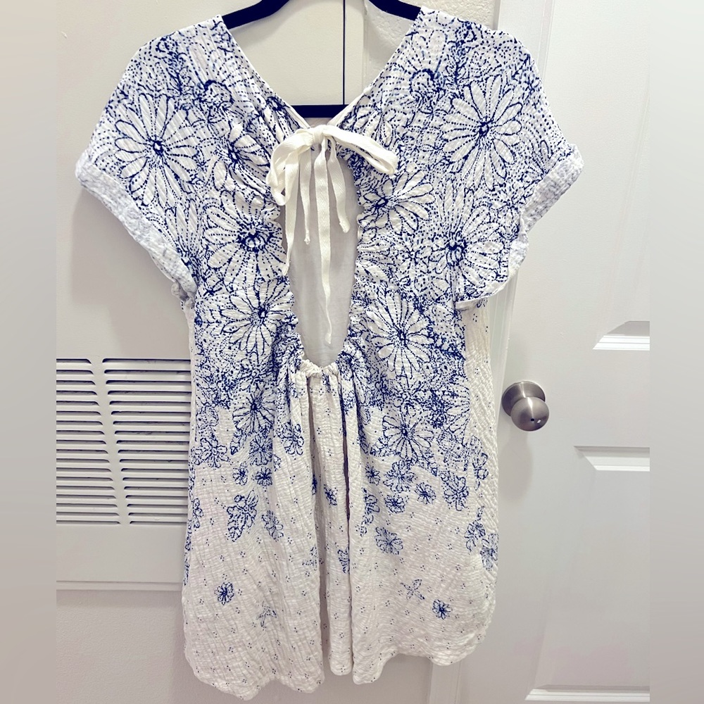 Free People Open Back White and Blue Floral Lined Tie Dress- S